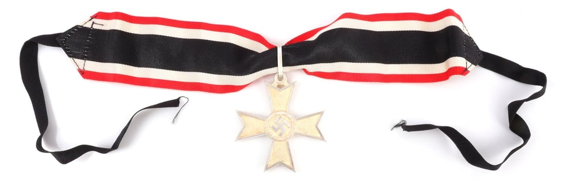 WWII GERMAN KNIGHTS WAR MERIT CROSS WITH RIBBON: WWII German Knights War Merit Cross without swords. 1939 in center. Comes with non-fluorescing ribbon. 2 1/8 X 2 1/8 inches, 10 inches long with ribbon. Minor wear to cross. Very good condition overal