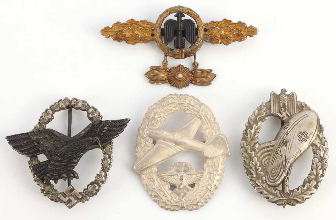 LOT OF 4 WWII GERMAN THIRD REICH MILITARY BADGES: Lot of four (4) assorted WWII German Third Reich military badges. Balloon Observer Badge, Vertical C-clasp pin. NSFK Pilot Badge, Horizontal C-clasp pin, maker marked, "Ges. Gesch 22639." Luftwaffe Pi