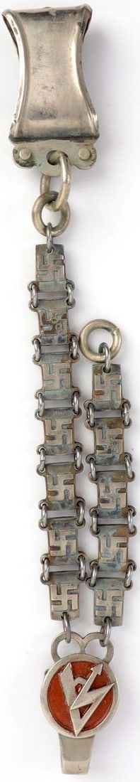 WWII GERMAN THIRD REICH DAGGER HANGER FOR THE SA: Dagger hanger for the Sturmabteilung. Includes Sturmabteilung logo and chain with swastikas, RZM stamped on back. Unauthenticated, sold "as is."