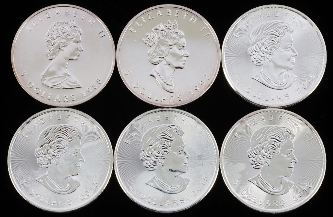 LOT OF 6 2016 CANADA SILVER MAPLE LEAF 1 OZT COINS: Lot of SIX (6). All with proof-like finish. This lot has a reserve.
