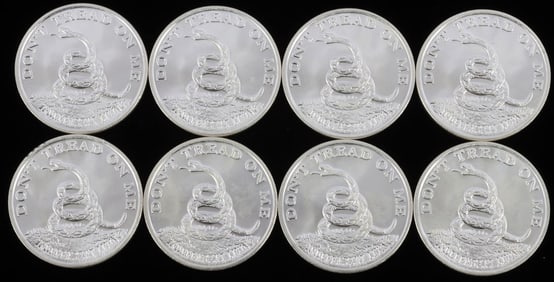 8 DONT TREAD ON ME 999 FINE SILVER 1 OZT ROUND LOT