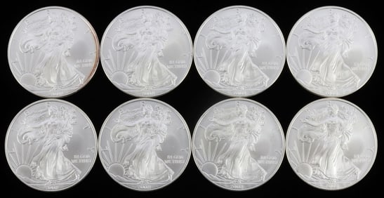 8 MIX DATE 1 OZT SILVER AMERICAN EAGLE BU COIN LOT
