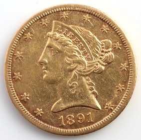 1891 CC CARSON CITY GOLD $5.00 HALF EAGLE COIN XF