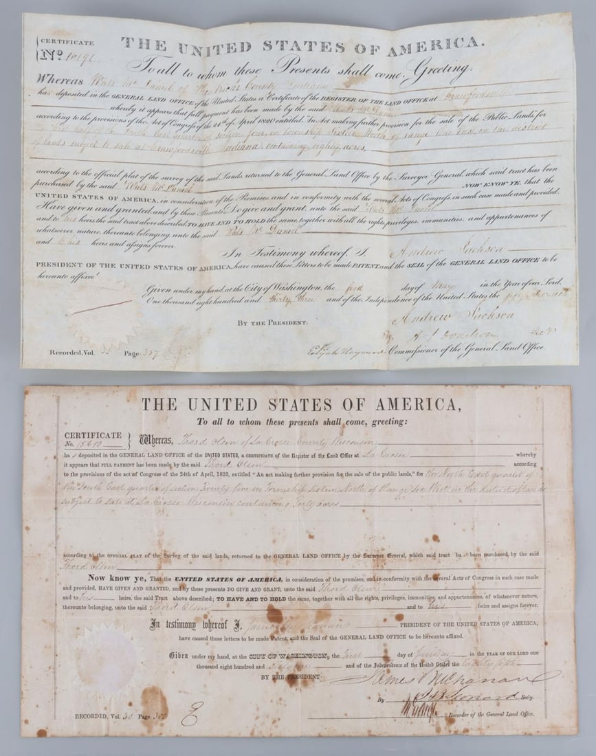 ANDREW JACKSON JAMES BUCHANAN SIGNED LAND GRANTS: Lot of two (2) 19th-century presidential land grant certificates. The first, on vellum, dated May 1st, 1833 by President Andrew Jackson, grantee Thord Olsen of LaCrosse County, Wisconsin. The second,