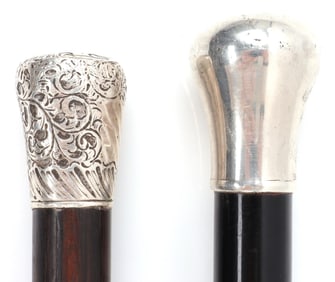 ANTIQUE SILVER GRIP WALKING STICK CANE LOT OF 2
