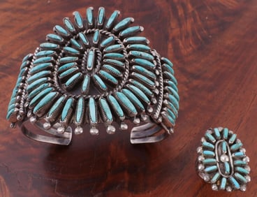 NAVAJO SILVER & TURQUOISE NEEDLEPOINT CUFF & RING