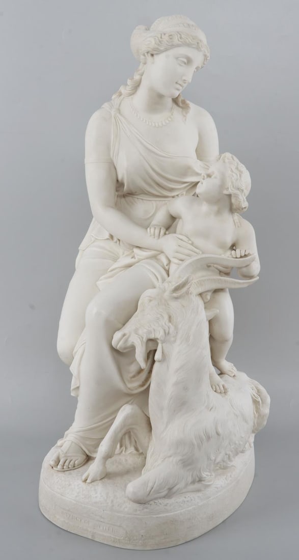 RAFFAELE MONTI THE INFANCY OF JUPITER PARIAN CAST: A casting of Raffaele Monti's 'The Infancy of Jupiter', depicting an infant Zeus with the nymph Amalthea and her goat. The sculpture is parian ware and strongly resembles marble. There is a small crac