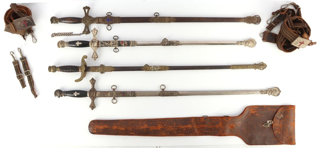 LOT OF 4 FINELY MADE MASONIC & ODD FELLOWS SWORDS: Lot of FOUR (4) fraternal society lodge swords with scabbards, ca. 19th-20th century. Each blade is etched with the bearer's name. 1) A finely made ceremonial sword of the Patriarchs Militant, Indepen