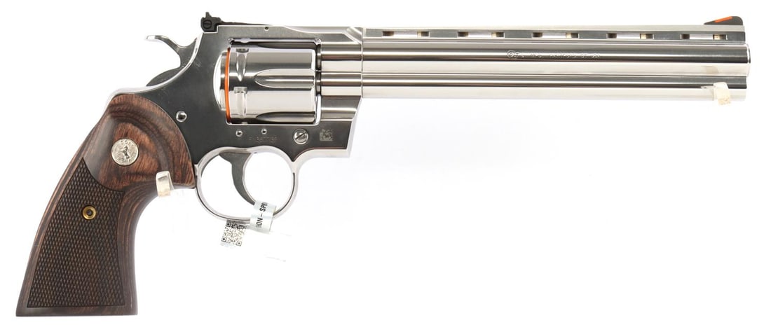 COLT PYTHON 8 INCH 357 MAG REVOLVER NIB: New in box. Python .357 Magnum Caliber, 8-inch barrel length, stainless steel, Model D. FFL required for transfer. No international shipping. Know your state laws prior to bidding. Caliber: .357 Mag S