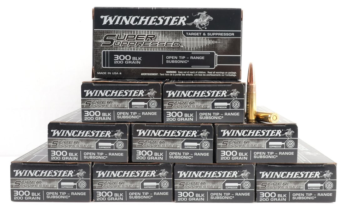 200 RDS WINCHESTER 300 BLK 200 GR OPEN TIP AMMO: 10 boxes, 20 rounds each, 200 rounds total, Winchester Super Suppressed, 300 Black, 200 Grain, Open Tip Range Subsonic Ammunition. No international shipping. Know your state laws prior to bidding. Thi