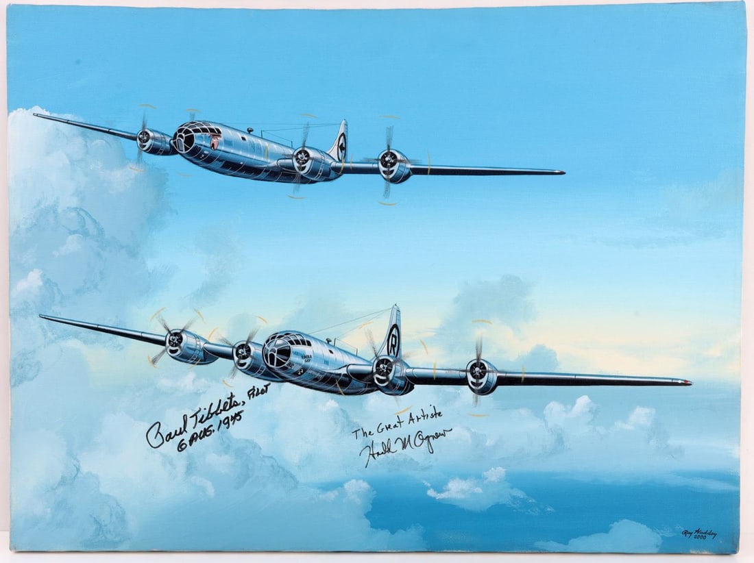 ENOLA GAY & GREAT ARTISE PAINTING SIGNED TIBBETS: Ray Waddey canvas painting of the Enola Gay and the Great Artiste on open sky. Signatures by Enola Gay pilot Paul Tibbets and Great Artise crew member Harold Morgan on bottom are deemed authentic acco