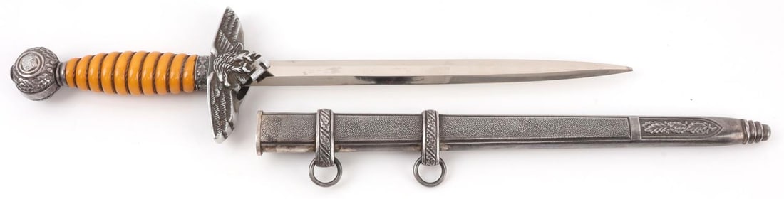 WWII GERMAN THIRD REICH MINIATURE LUFTWAFFE DAGGER: Steel nickel-plated blade with Alcoso make. Aluminum crossguard. Celluloid grip. Aluminum pommel. 10 1/8 inches. Very good, original condition. This lot has a reserve.
