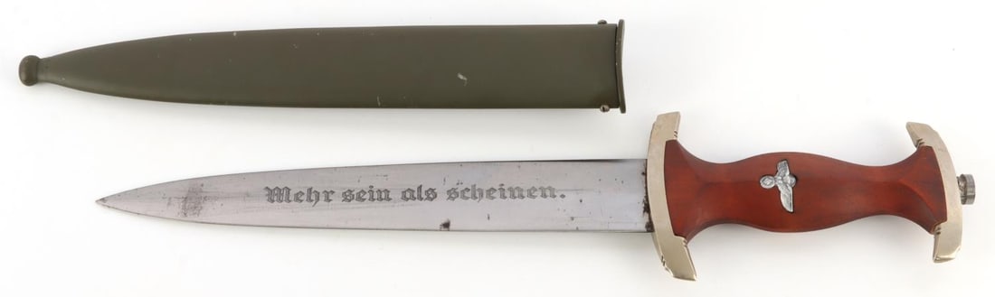WWII GERMAN THIRD REICH STUDENT LEAGUE NPEA DAGGER: WWII German Third Reich Student League NPEA dagger with scabbard. Makers mark of "Karl Burgsmuller Berline Charlottenburg 5". 8.5-inch blade. Some light oxidation. This lot has a reserve.