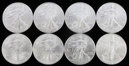 LOT 8 MIX DATE 1 OUNCE SILVER AMERICAN EAGLE COINS