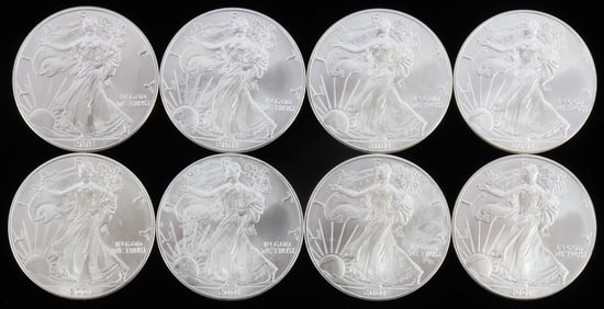 8 2001 SILVER 1 OZT OUNCE AMERICAN EAGLE BU COINS