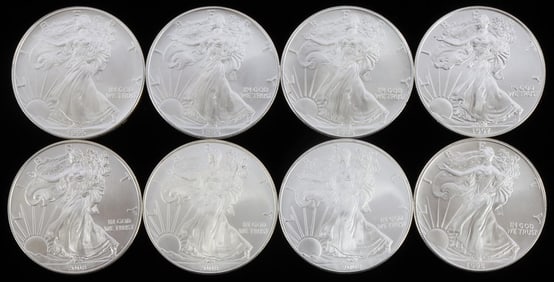 8 MIX DATE SILVER AMERICAN EAGLE 1 OZT OUNCE COINS
