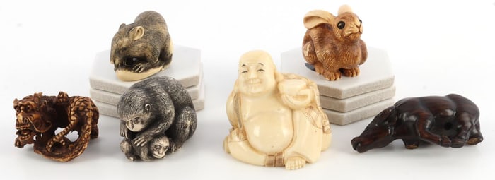 LOT OF 6 JAPANESE NETSUKE ANTIQUE & FAUX IVORY