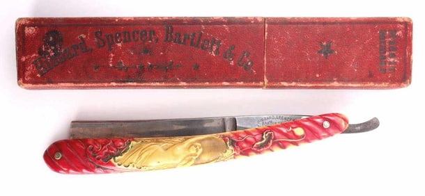 MOLDED CELLULOID STRAIGHT RAZOR NUDE FIGURE