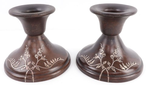 SET OF 2 HEINTZ AMS SILVER ON BRONZE CANDLESTICKS