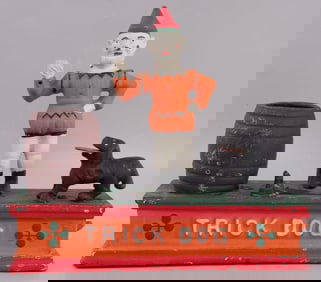 TRICK DOG & CLOWN CAST IRON MECHANICAL PIGGY BANK