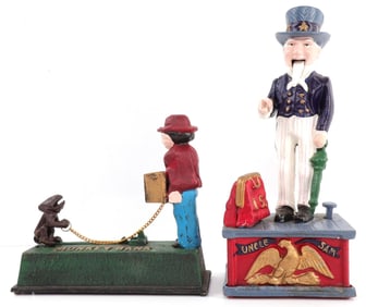 UNCLE SAM CARPET BAG & BABY MONKEY CAST IRON BANKS