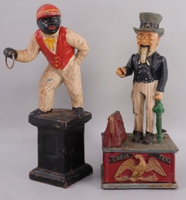 CAST IRON MECHANICAL UNCLE SAM BANK & LAWN JOCKEY