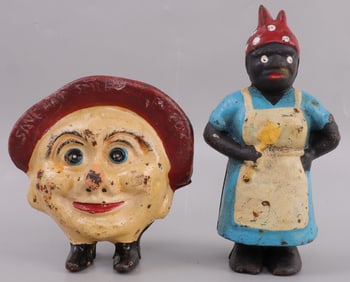 LOT OF 2 CAST IRON BANKS MAMMY FIGURAL & HEAD