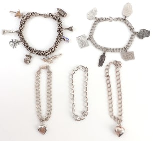 LOT OF 5 SILVER CHARM BRACELETS HEARTS & STATES
