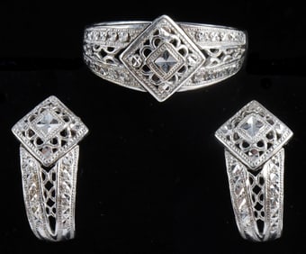 LOT OF 2 10K WHITE GOLD RING & EARRINGS