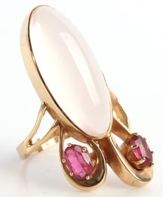 14K GOLD RING WITH CATS EYE MOONSTONE & GARNET