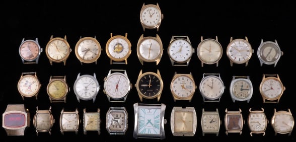 LOT OF 29 WATCH CASES WITH FACES AND MOVEMENTS