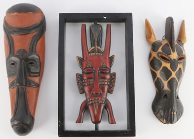 LOT OF 3 AFRICAN CARVED WOOD SCULPTURE MASKS