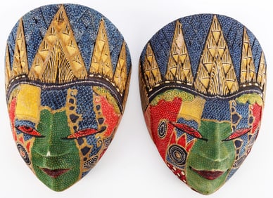 LOT OF 2 INDONESIAN BALI BATIK WOOD CARVED MASKS