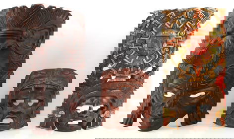 LOT OF 3 MESOAMERICAN CARVED WOOD SCULPTURE MASKS