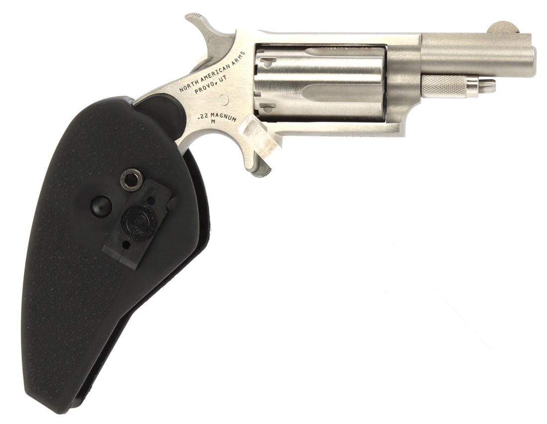 NORTH AMERICAN ARMS MODEL M .22 MINI REVOLVER NIB: New in box. North American Arms .22 mini-revolver comes in a holster/grip configuration which allows the gun to fold in half for easy concealed carrying. Folds to 5.5 inches. Includes 1 1/8 inch barre