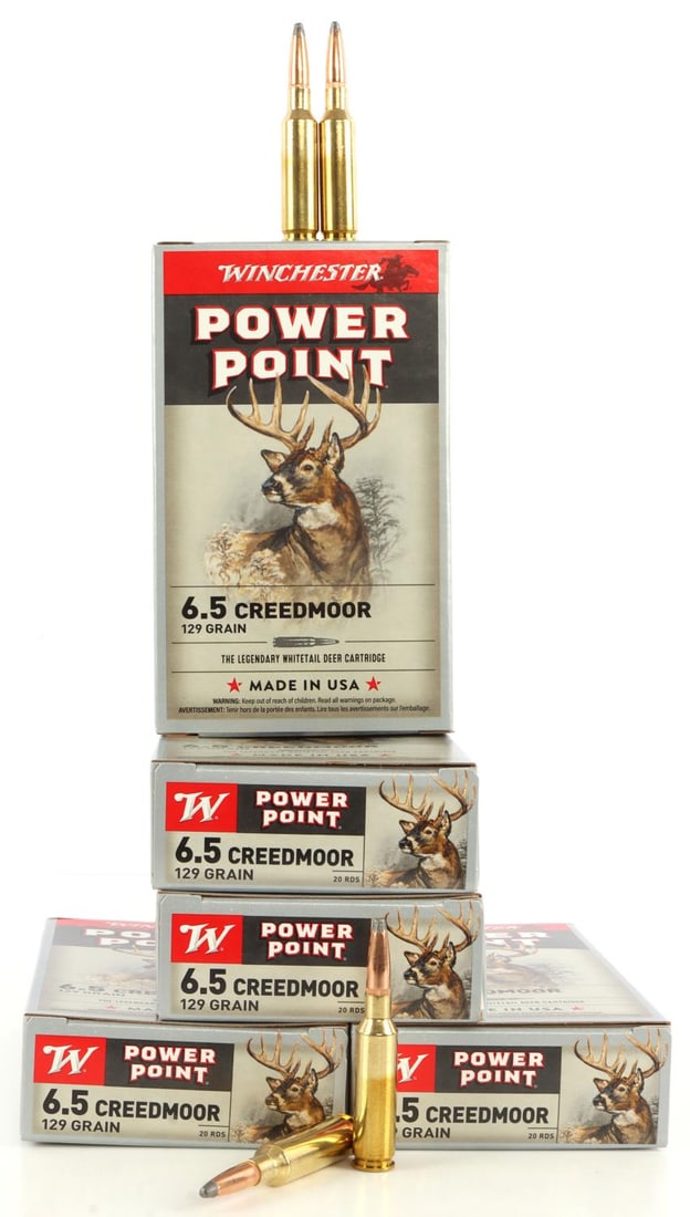 100 RDS WINCHESTER 6.5 CREEDMOOR 129 GR AMMO: 5 boxes, 20 rounds each, 100 rounds total Winchester Power Point, 6.5 Creedmoor Caliber, 129 Grain, Deer Ammunition. No international shipping. Know your state laws prior to bidding. This lot has a re