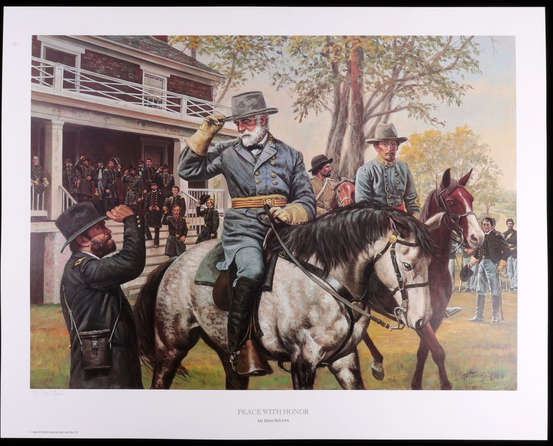 DON STIVERS PEACE WITH HONOR PRINT SIGNED NUMBERED: Painting showing Robert E. Lee and Ulysses S. Grant interacting upon Lee's departure from Appomattox. Other significant figures include George Armstrong and Philip Sheridan. Signed by the author and n