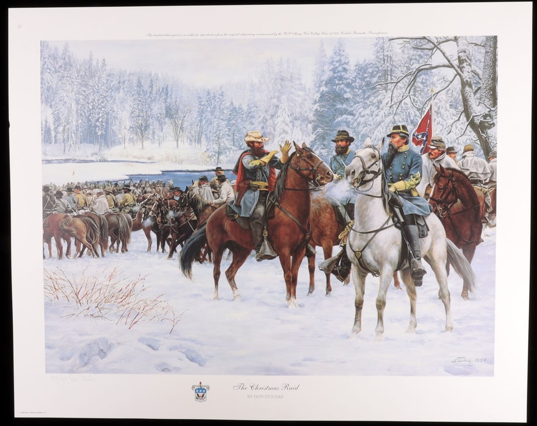 DON STIVERS CHRISTMAS RAID PRINT SIGNED & NUMBERED: Print of Don Stivers' painting Christmas Raid, featuring Confederate General John Morgan during the events of December 22, 1862 and January 5, 1863. Signed by artist and numbered (390 / 700). 28 X 22.