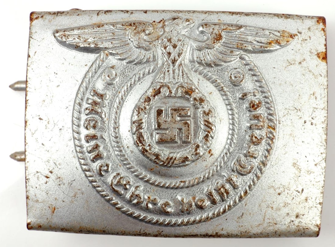 WWII GERMAN THIRD REICH SS STEEL BELT BUCKLE: Steel buckle with motto. Marked RZM 36/42 SS on reverse. 2 5/8 inches. Very good condition. This lot has a reserve.