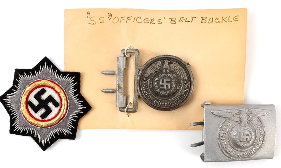 LOT 3 WWII GERMAN THIRD REICH BELT BUCKLE & PATCH: Lot of FOUR (4) includes: 1) SS brocade sash buckle. Zinc. Shows Reichsadler with swastika and phrase 'Meine Ehre Heist Treue.' 2 inch diameter. 2) German Cross in gold, patch. Prominently displays a 