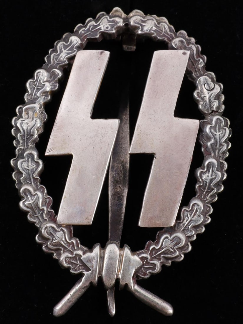 WWII GERMAN DUTCH SS MARKED SILVER SPORTS BADGE: Silver, marked "900." Reverse also marked, "A. Dieck SLO, NOR 1941." C-clasp pin. Very good condition. Unauthenticated, sold as is. This lot has a reserve.