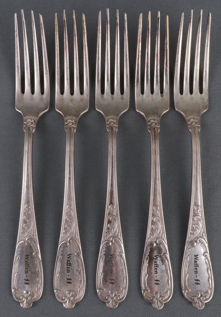 LOT OF 5 WWII GERMAN THIRD REICH WAFFEN SS FORKS: Lot of FIVE (5) silver forks stamped with 'Waffen-SS' and (F)90(K). 7.5 inches. Unauthenticated, sold "as is."