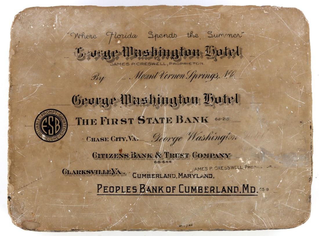 WHERE FLORIDA SPENDS THE SUMMER GEORGE WASHINGTON: Weighing 12.80 pounds, doorstop,Pitching the George Washington Hotel, James P. Creswell, Proprietor, By Mount Vernon Springs N.C.,First State Bank and more, reverse has a number of theatres represente