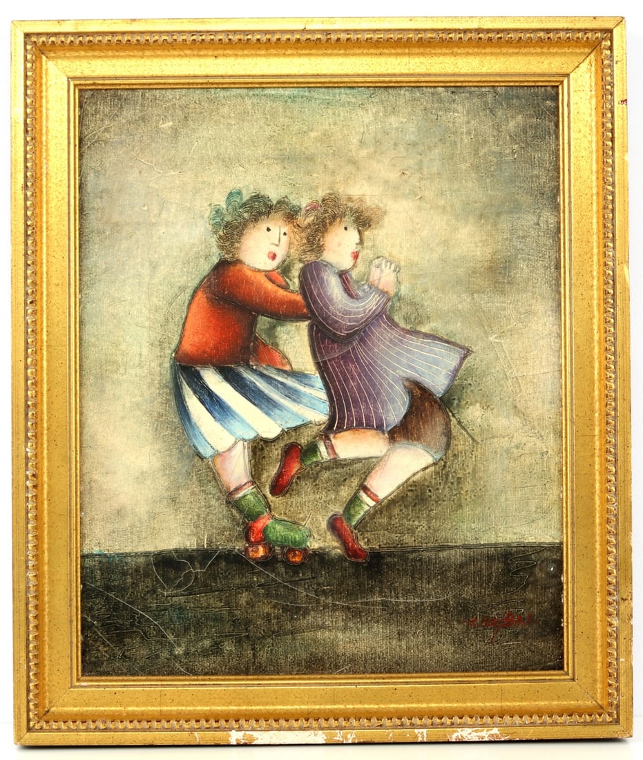 JOYCE ROYBAL WHIMISCAL CHILDREN PAINTING: Painting by Joyce Roybal of two children playing - one is riding roller skates while appearing to push into the other. Painting is highly textured, especially on the children, and is a color variation