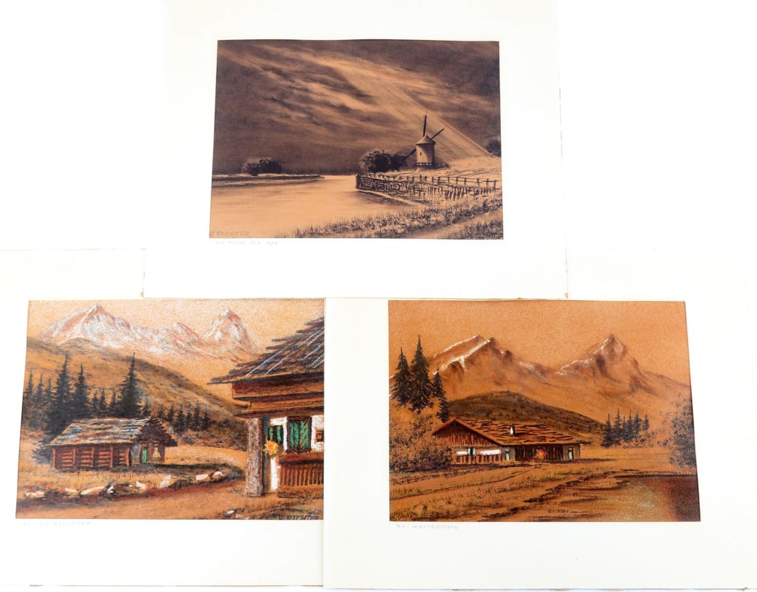 HERMANN RICHTER 1875-1941 GERMAN LANDSCAPE LOT 3: Lot of three (3). Richter, Hermann. German, 1875-1941. Three (3) original charcoal and oil pastel drawings. 1) First is a Schleswig-Holstein landscape titled "Die Muhle von Wyk" and artist-signed "H.