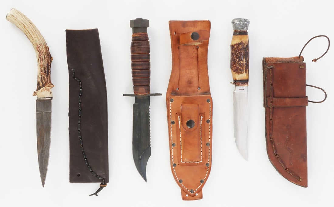 ASSORTED CUSTOM KNIFE WITH SHEATH LOT OF 3: Lot of 3 custom made knives and sheaths. 1) Custom antler grip with Damascus steel blade. Blade length 5 inches. 2) Rostfrei blade, custom stag handle. Blade length 4 3/4 inches. 3) Bowie knife, wood 