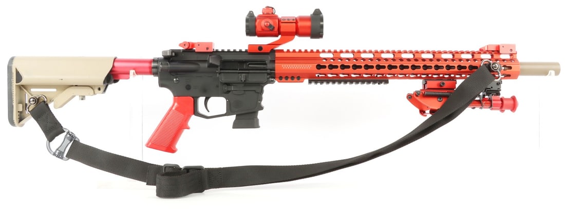 CUSTOM AR-15 PCC 10MM AUTO DIRTY BIRD DB45 RIFLE: Custom AR-15 pattern semi-automatic pistol caliber carbine, cal. 10mm Auto. Accepts Glock double stack magazines. Barrel 20 inches. Dirty Bird DB45 lower receiver with Bear Creek Arsenal Parkerized Go
