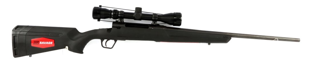 SAVAGE AXIS XP 243 WIN RIFLE WITH WEAVER OPTIC NIB: New in box. Overall length: 42 inches. Barrel length: 22 inches. Carbon black matte synthetic finish. Weaver scope. Textured rubber butt plate. No international shipping. FFL required for transfer. Kn