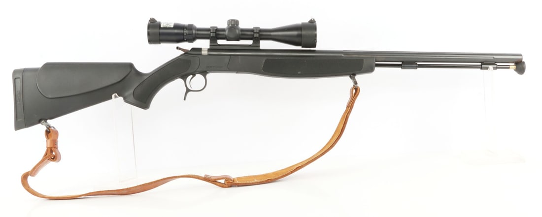 CVA OPTIMA V2 BLACK POWDER MUZZLE LOADING RIFLE: Connecticut Valley Arms Optima V2 black powder muzzle loading rifle with DOA 250 scope and leather carry sling. 26-inch barrel. Very good condition. Functions without issue. Bore is bright and clear. 
