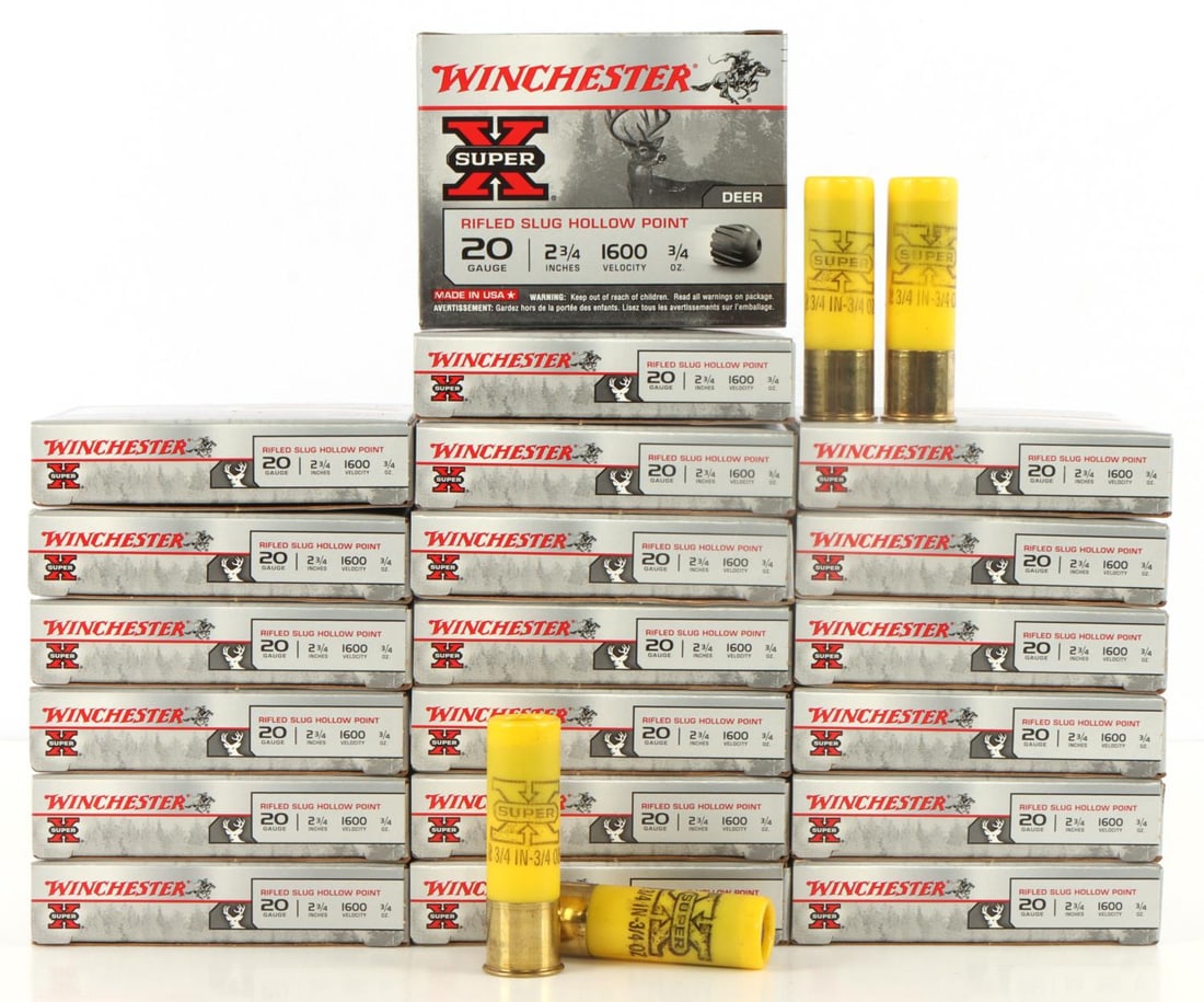 100RDS WINCHESTER 20 GA 2 3/4 INCHES SHOTGUN SHELL: 20 boxes, 5 shells each, 100 shells total, Winchester Super X Rifled Slug Hollow Point, 20 gauge, 2 3/4 inches, 1600 Velocity, 3/4 oz. No international shipping. Know your state laws prior to bidding.